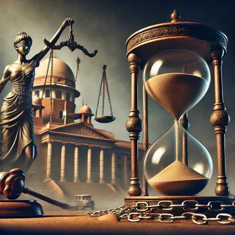 DALL·E 2025-01-02 13.36.31 - A symbolic representation of judicial delays in India, featuring an Indian court building in the background, with scales of justice entangled in chain