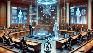 DALL·E 2025-01-06 13.02.26 - A futuristic courtroom setting where technology is integrated into the judicial process_ holographic displays showing case evidence, a judge using an