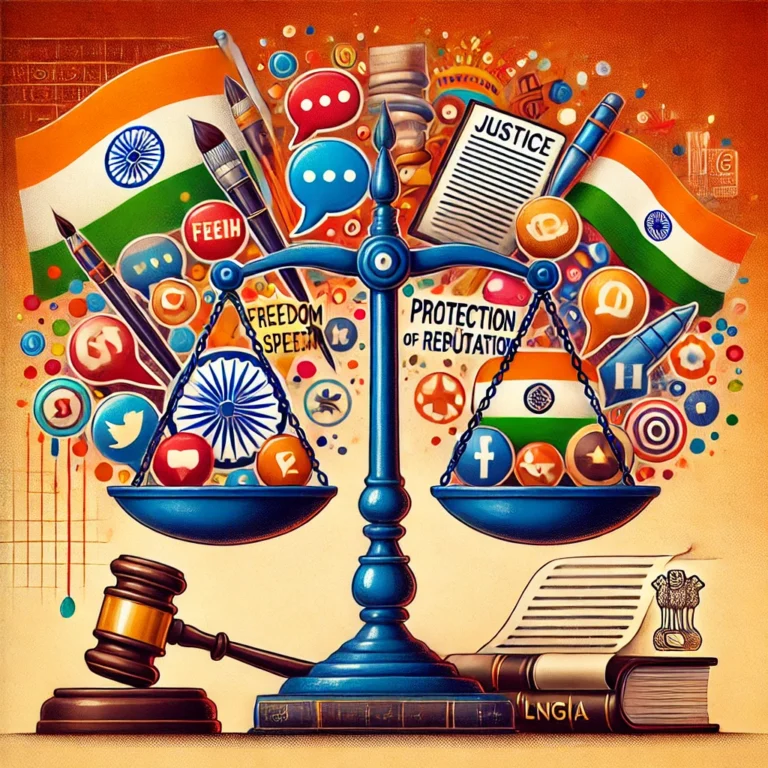 DALL·E 2025-01-07 19.10.32 - A conceptual illustration symbolizing defamation laws in India. The image features the scales of justice balanced between two sides_ one side represen