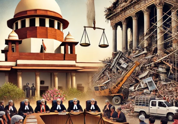 DALL·E 2025-01-26 14.43.44 - An artistic representation of a Supreme Court ruling on demolition of structures in India. The image features a grand courtroom with judges delivering