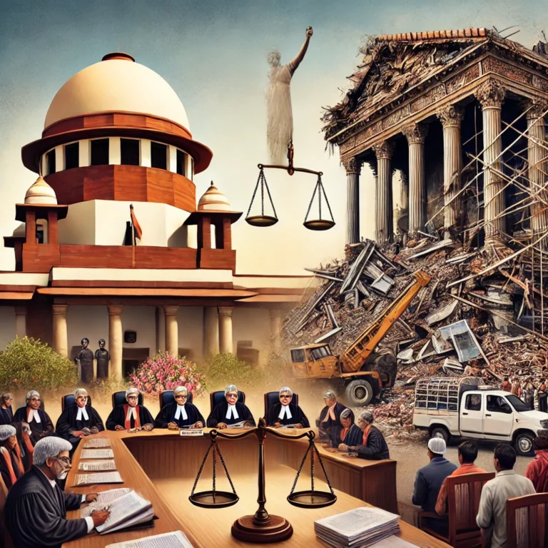 DALL·E 2025-01-26 14.43.44 - An artistic representation of a Supreme Court ruling on demolition of structures in India. The image features a grand courtroom with judges delivering