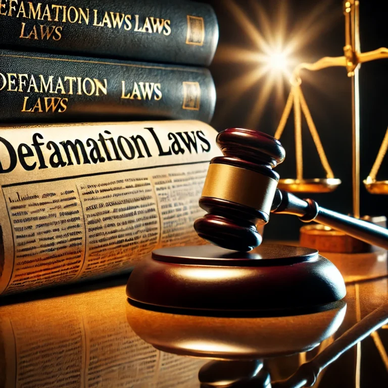 DALL·E 2025-01-28 21.23.31 - A symbolic representation of defamation laws_ A judge's gavel striking a newspaper with visible headlines, symbolizing legal action. The background fe