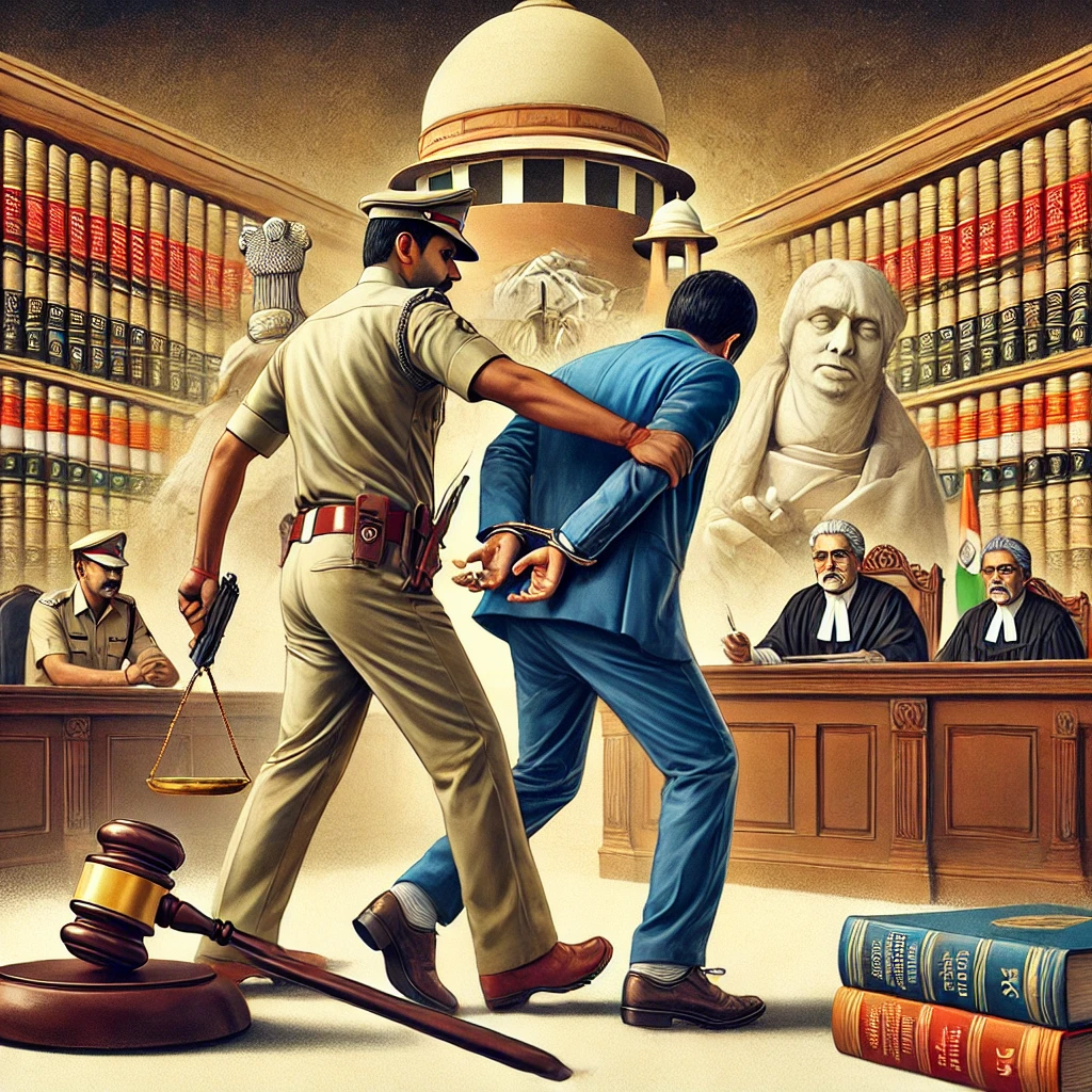 DALL·E 2025-01-30 21.07.23 - A conceptual illustration of an arrest under the Bhartiya Nagrik Suraksha Sanhita (BNSS), 2023. The image depicts a police officer in a modern Indian