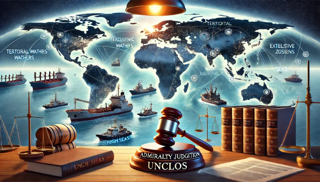 DALL·E 2025-01-31 20.42.53 - A conceptual illustration depicting maritime law and admiralty jurisdiction under UNCLOS. The image features a large, open ocean with a world map over