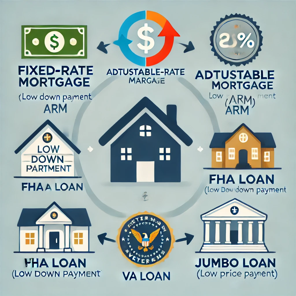 DALL·E 2025-02-14 08.10.48 - A visual representation of different types of mortgages_ _1. Fixed-Rate Mortgage - A house with a stable dollar sign and fixed percentage symbol._2. A