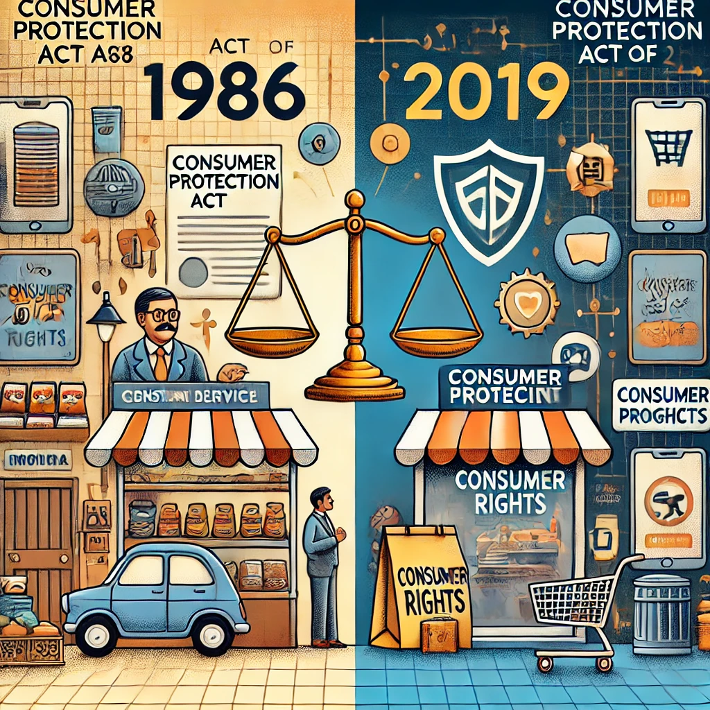 DALL·E 2025-02-23 22.49.26 - A split-screen illustration comparing the Consumer Protection Act of 1986 and the Consumer Protection Act of 2019 in India. On the left side, depict a