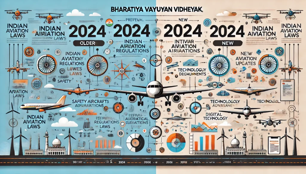 DALL·E 2025-02-24 10.09.29 - A professional infographic comparing the Bharatiya Vayuyan Vidheyak, 2024 (Indian Aircraft Bill, 2024) with previous Indian aviation laws. The design