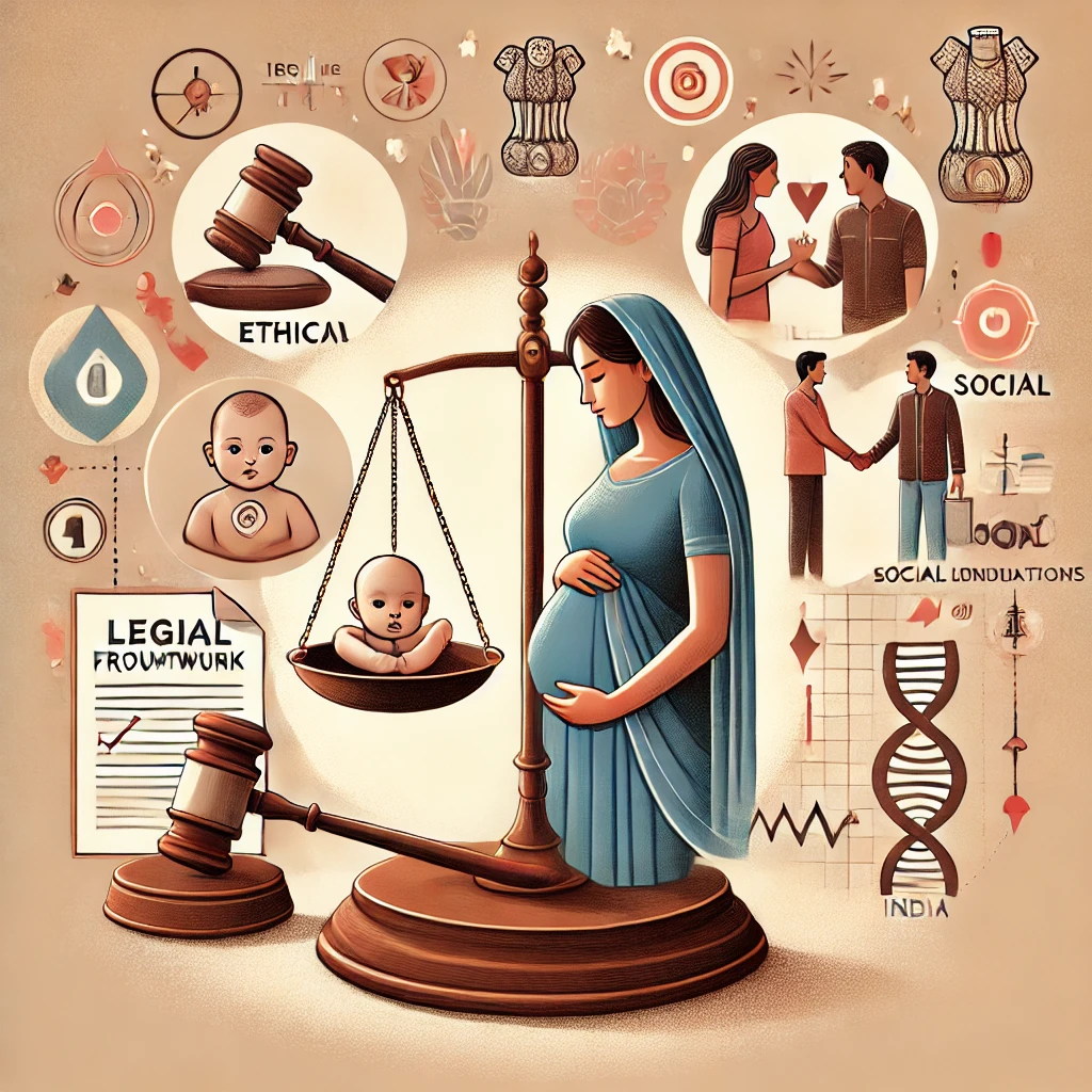 DALL·E 2025-02-25 14.29.54 - An illustration depicting the legal framework for surrogacy in India, highlighting ethical and social implications. The image features a balanced scal