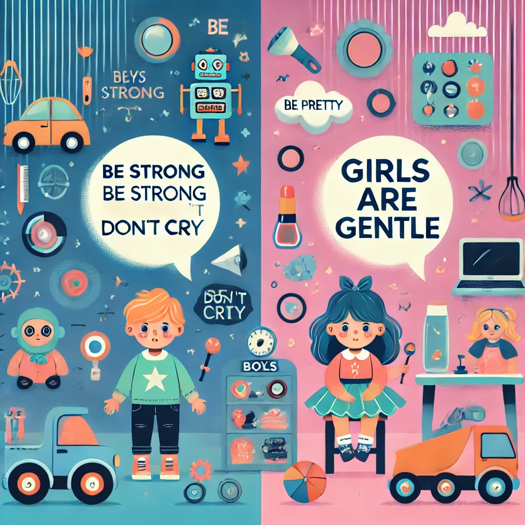 DALL·E 2025-02-28 15.42.55 - A split-screen illustration depicting gender stereotyping in childhood. On the left, a young boy is playing with cars, robots, and tools, surrounded b