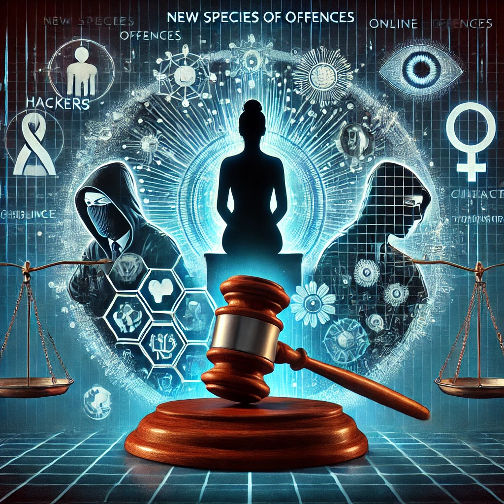 DALL·E 2025-02-28 16.01.00 - A conceptual illustration depicting the judicial approach towards new species of offences and women-centric cybercrimes. In the center, a judge’s gave