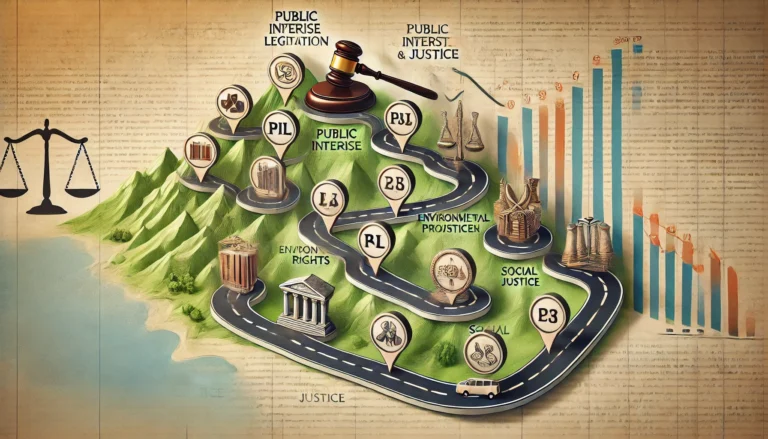 DALL·E 2025-02-01 19.02.25 - An artistic infographic-style timeline illustrating the evolution of Public Interest Litigation (PIL) through landmark cases. The image features a win