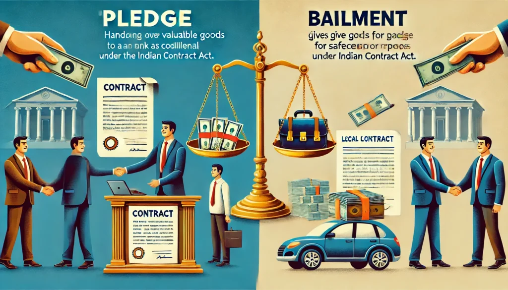 DALL·E 2025-02-08 20.36.26 - An educational legal illustration comparing 'Pledge' and 'Bailment' under the Indian Contract Act. The image is divided into two halves_ the left side