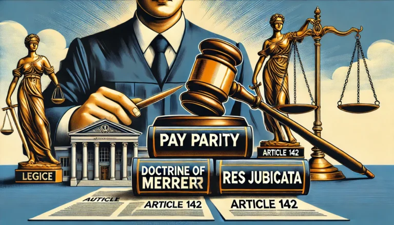 DALL·E 2025-02-08 21.11.07 - A legal-themed illustration representing key legal concepts_ 'Pay Parity,' 'Doctrine of Merger,' 'Res Judicata,' and 'Article 142.' The image features