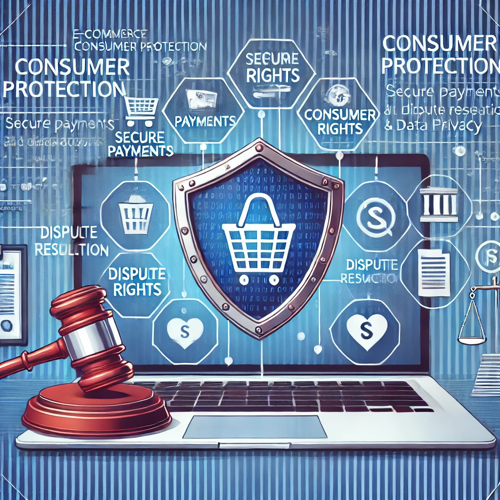 DALL·E 2025-02-10 21.49.46 - An illustration depicting the role of e-commerce regulations under consumer protection. The image features a digital shopping platform on a laptop scr