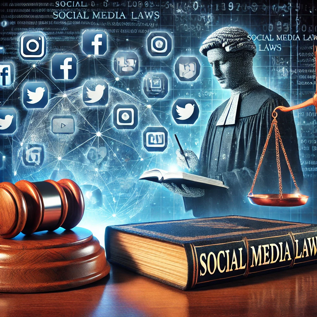 DALL·E 2025-02-13 20.38.09 - A conceptual illustration of social media laws and their implications. The image features a judge's gavel hovering over digital icons representing soc