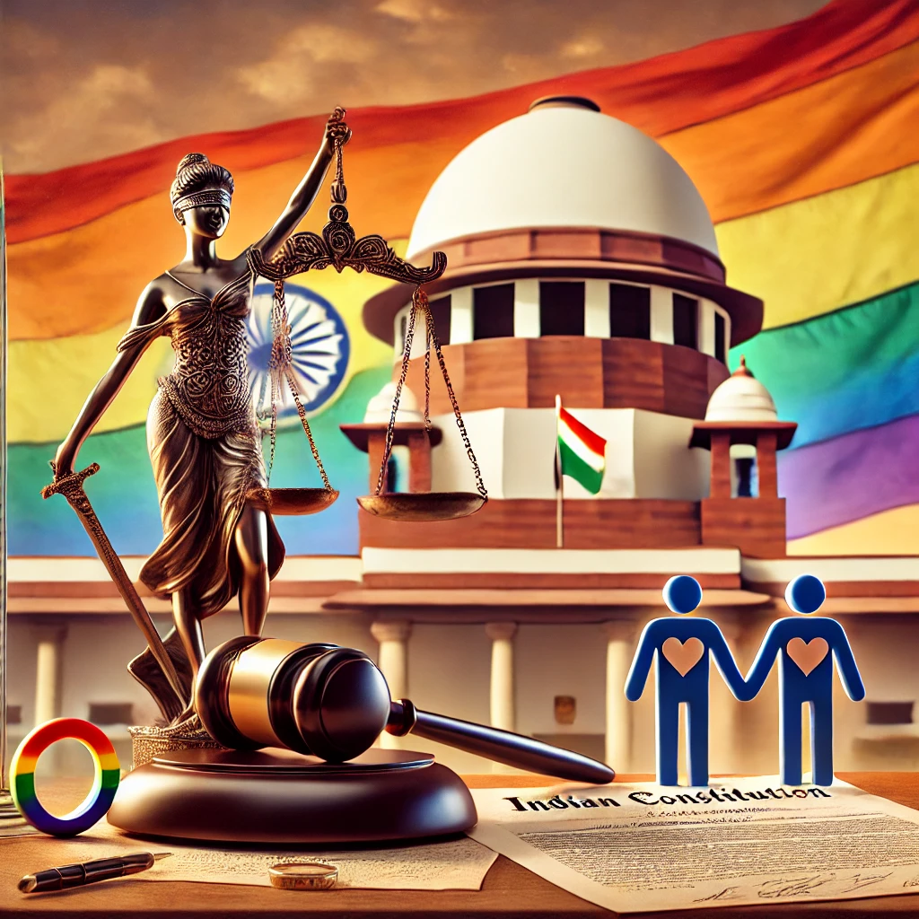 DALL·E 2025-02-19 14.29.10 - A symbolic representation of the constitutionality of same-sex marriages in India. A balanced scale of justice holds the Indian Constitution on one si