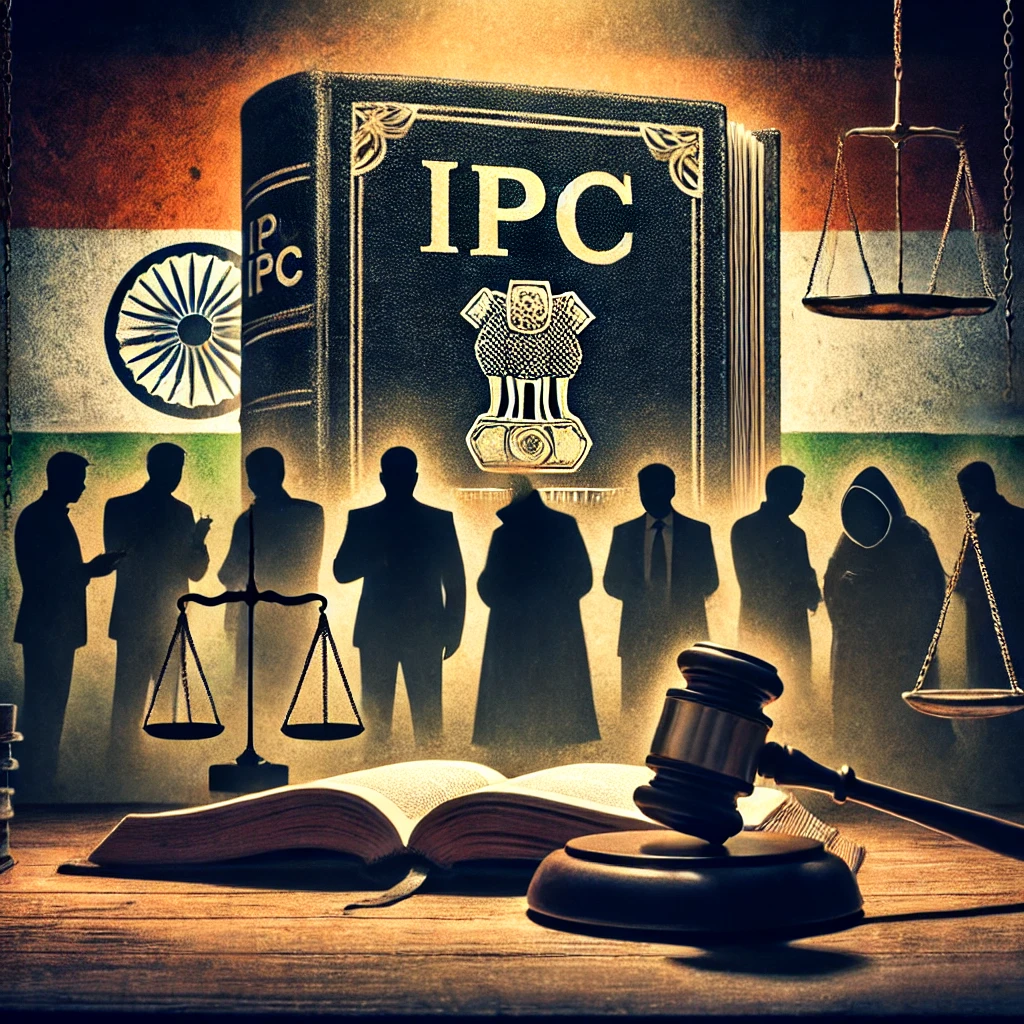 DALL·E 2025-02-19 19.15.32 - A symbolic representation of criminal conspiracy under the Indian Penal Code (IPC). The image features a shadowy group of figures in a dimly lit court