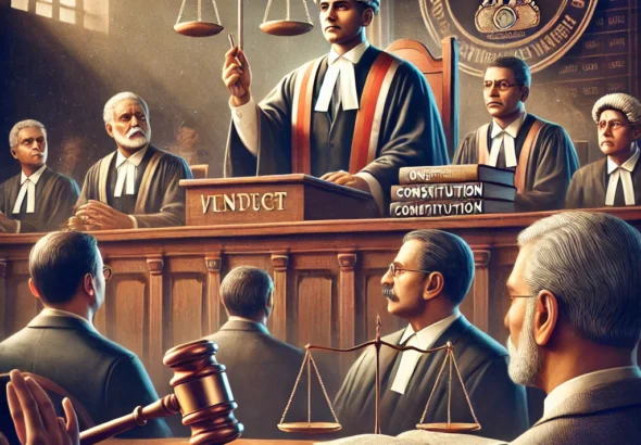 DALL·E 2025-02-19 20.16.06 - A detailed courtroom scene with a judge delivering a verdict, symbolizing judicial protection of fundamental rights. The judge, wearing traditional ro