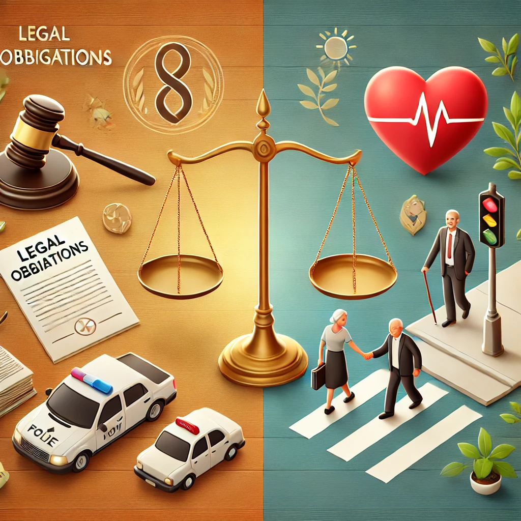 DALL·E 2025-02-19 20.43.05 - A conceptual illustration showing the difference between legal obligations and moral duties. On the left side, a judge's gavel, legal documents, and a