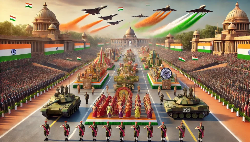 DALL·E 2025-02-21 20.45.29 - A grand depiction of the 26th January 2025 Republic Day Parade in India. The scene showcases a majestic display of military might, cultural heritage,