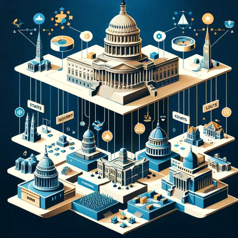 DALL·E 2025-02-22 17.51.45 - An infographic-style digital illustration representing federalism and the distribution of powers. At the top, a grand capitol building symbolizes the