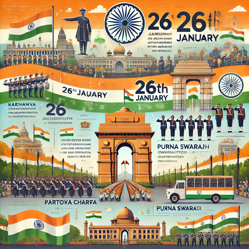 DALL·E 2025-02-22 18.15.02 - An infographic-style digital illustration showcasing key facts about Indian Republic Day. The image includes a grand parade scene at Kartavya Path (fo