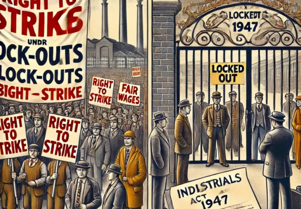DALL·E 2025-02-25 18.33.04 - A detailed illustration depicting strikes and lock-outs under the Industrial Disputes Act, 1947. On the left side, a group of workers is protesting ou