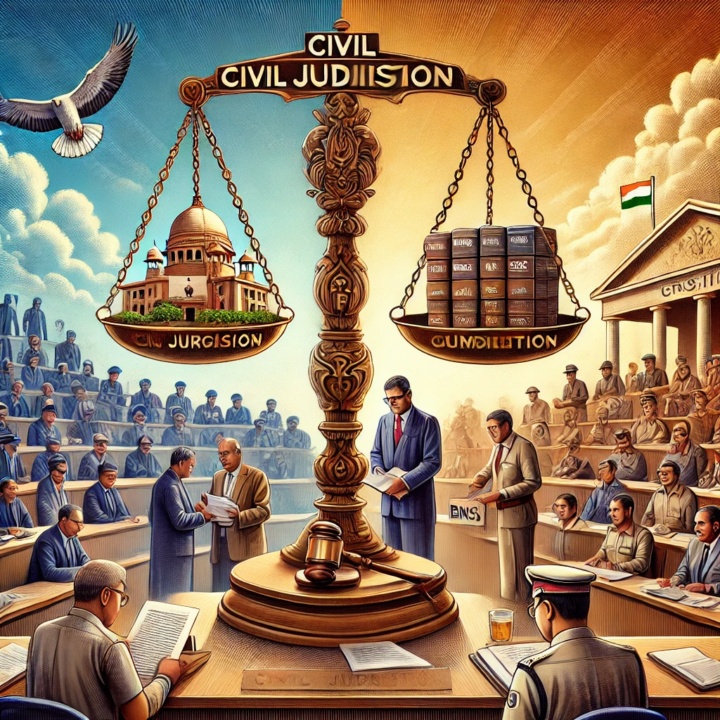 DALL·E 2025-03-08 15.18.28 - An artistic legal illustration representing jurisdiction in civil and criminal cases under the Civil Procedure Code (CPC) and Bharatiya Nagarik Suraks