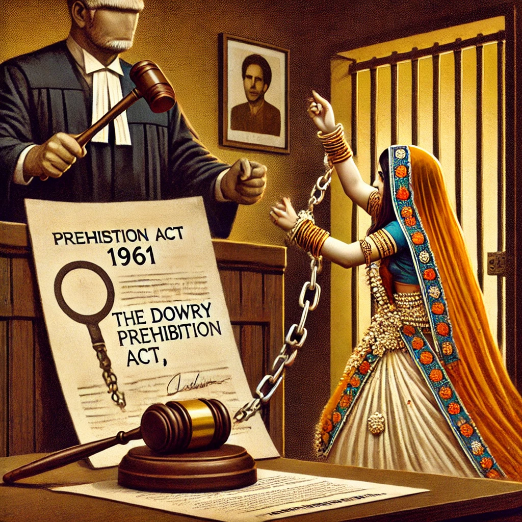 DALL·E 2025-03-10 14.29.21 - A conceptual illustration representing 'The Dowry Prohibition Act, 1961'. The image features a symbolic courtroom scene where a judge is striking down