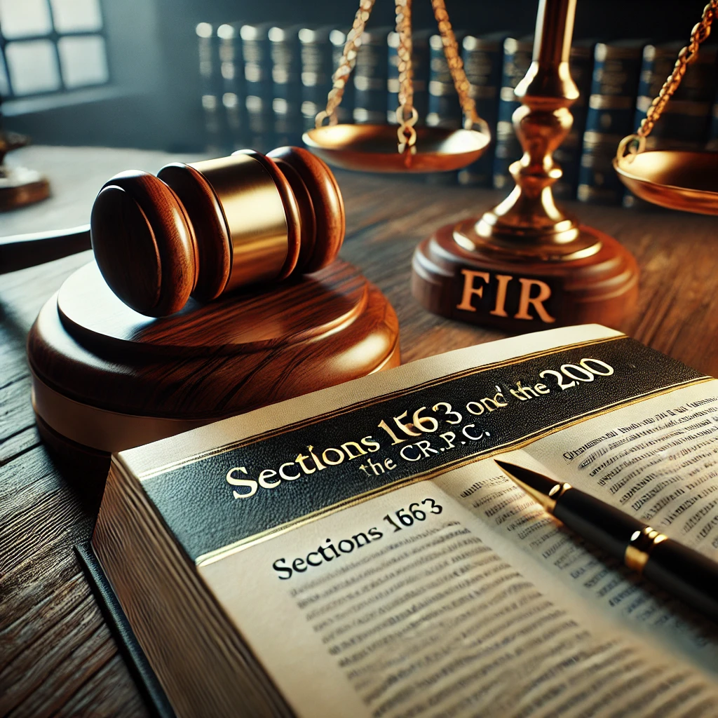 DALL·E 2025-03-12 20.44.41 - A realistic courtroom scene featuring a judge's gavel, a legal book open to Sections 156(3) and 200 of the Cr.P.C., and a document labeled 'FIR' on a