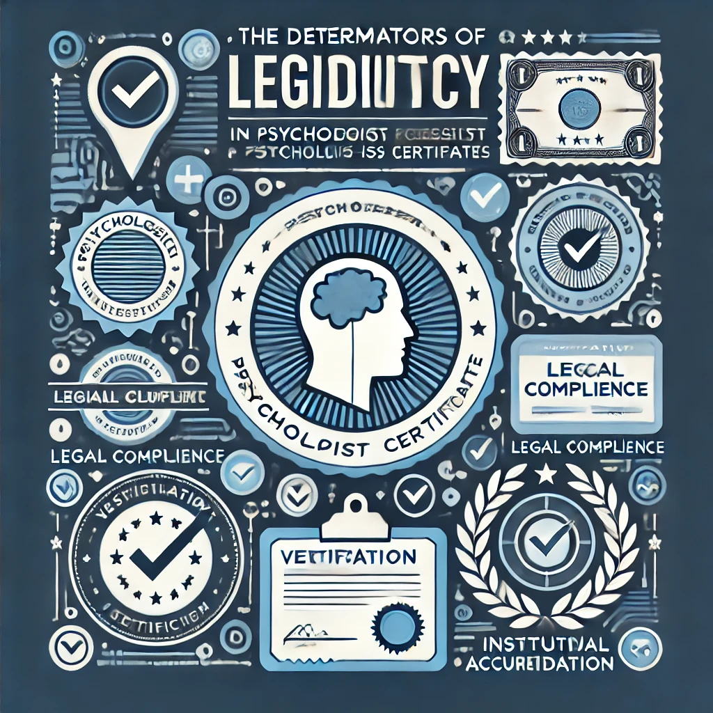 DALL·E 2025-03-13 20.20.02 - An infographic illustrating the determinants of legitimacy in psychologist-issued certificates. The image includes elements such as a psychologist's s