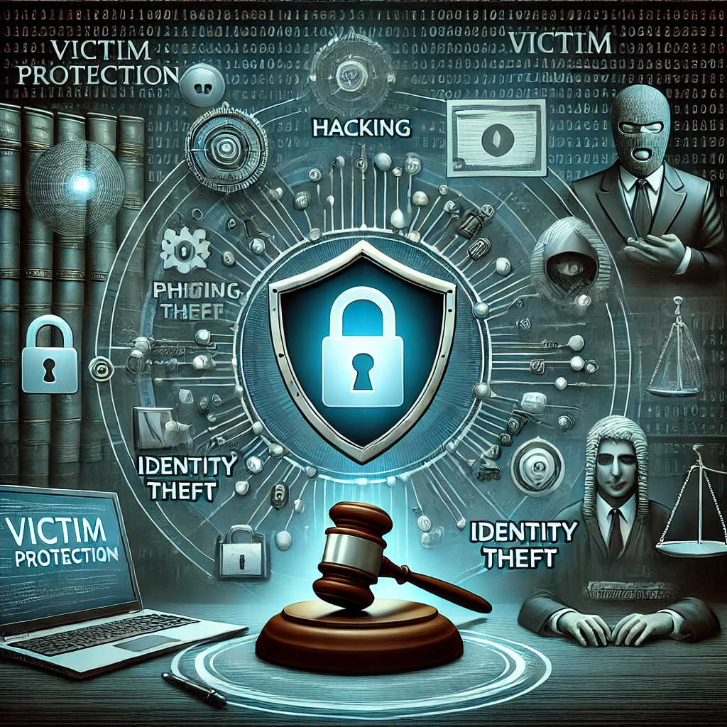 DALL·E 2025-03-13 21.54.15 - A conceptual illustration depicting victim protection laws in cybercrimes. The image features a digital shield with a lock in the center, symbolizing