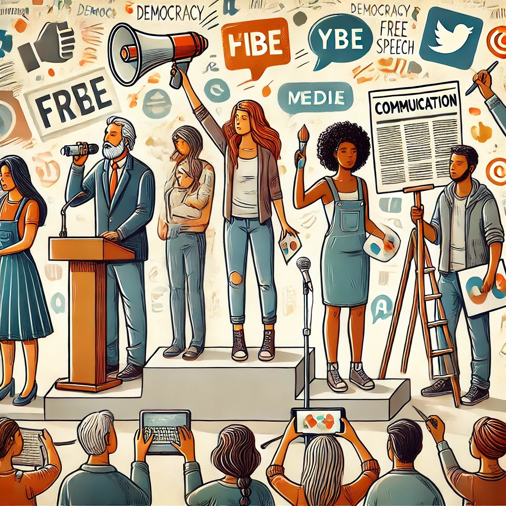 DALL·E 2025-03-15 11.54.41 - A diverse group of people standing on a podium, each expressing themselves in different ways_ one speaking into a microphone, another holding a protes