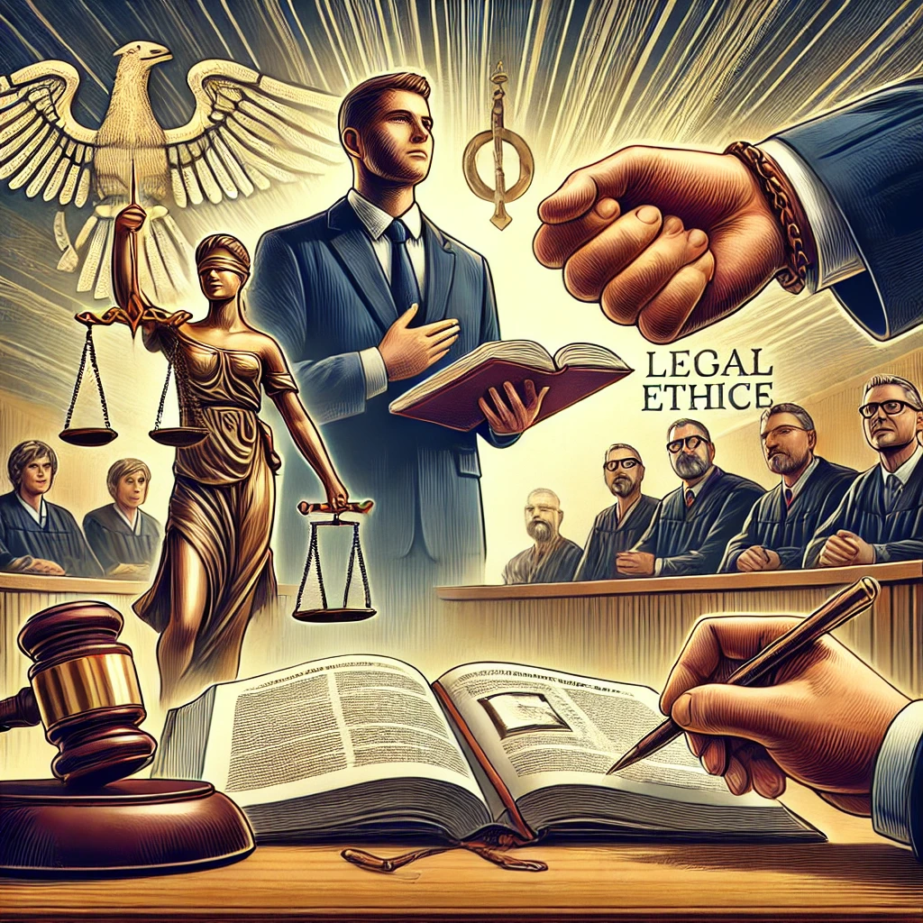 DALL·E 2025-03-15 22.54.43 - A conceptual illustration of the duties of counsel under legal and professional ethics. The image features a lawyer in a courtroom presenting argument