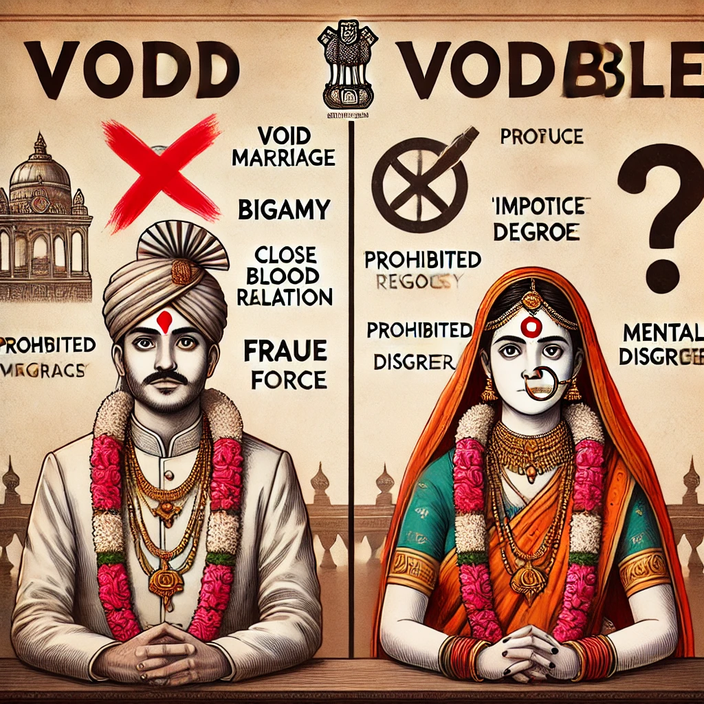 DALL·E 2025-03-26 18.05.00 - A split-image illustration showing the difference between void and voidable marriages under the Hindu Marriage Act, 1955. __On the left side, labeled