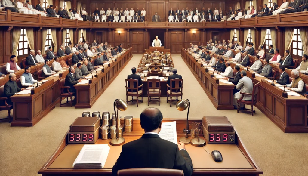 DALL·E 2025-03-26 21.15.14 - An official government meeting in a large hall with a parliamentary setting. A politician is addressing a gathering, reading from a document. The scen