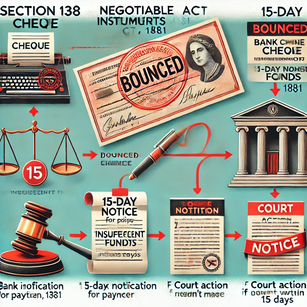DALL·E 2025-03-27 12.14.19 - An infographic illustrating the elements of Section 138 of the Negotiable Instruments Act, 1881. The image includes_ _1. A dishonored cheque with a r