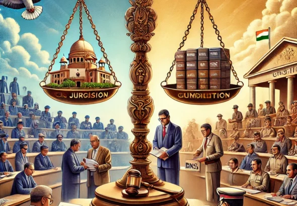DALL·E 2025-03-08 15.18.28 - An artistic legal illustration representing jurisdiction in civil and criminal cases under the Civil Procedure Code (CPC) and Bharatiya Nagarik Suraks