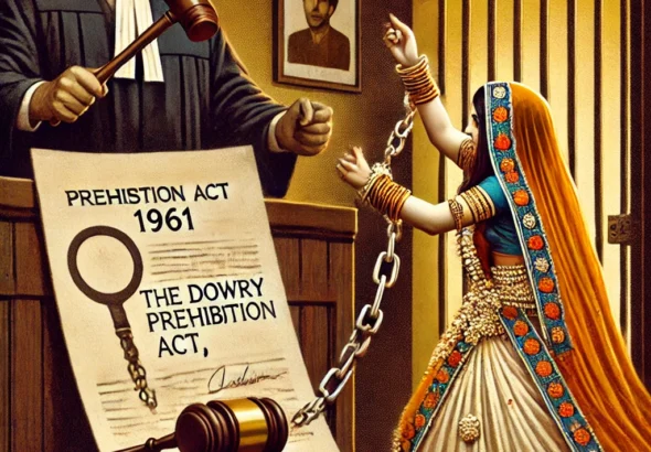 DALL·E 2025-03-10 14.29.21 - A conceptual illustration representing 'The Dowry Prohibition Act, 1961'. The image features a symbolic courtroom scene where a judge is striking down