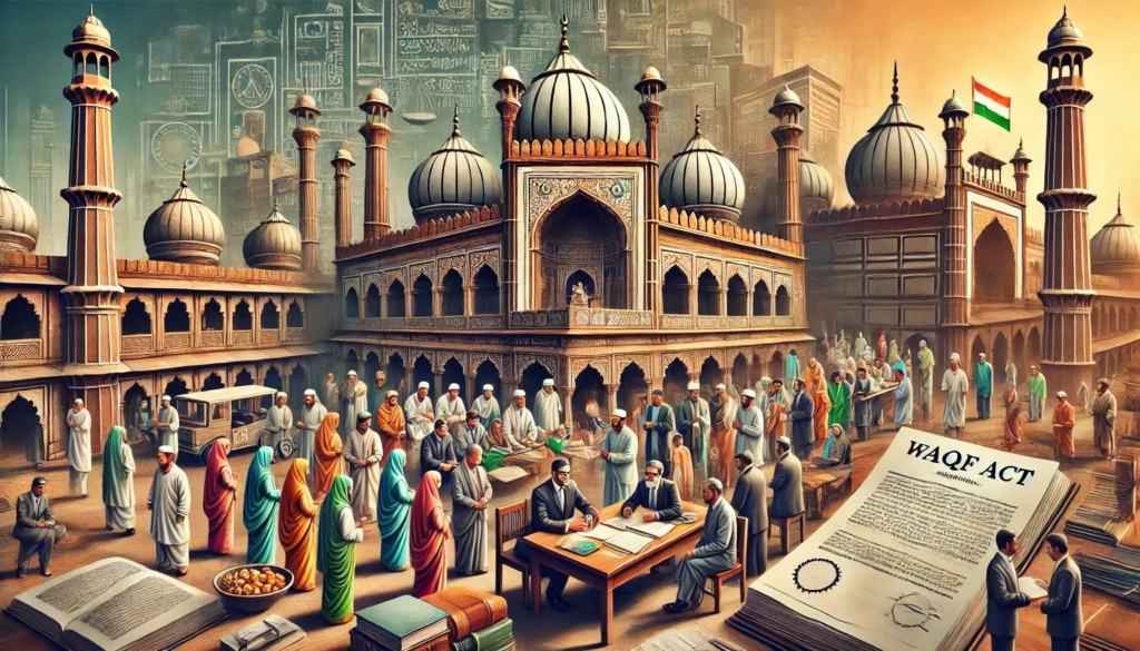 DALL·E 2025-03-14 19.12.00 - An artistic representation of Waqf Boards in India, featuring a blend of historical and modern elements. The image includes an old mosque and a govern