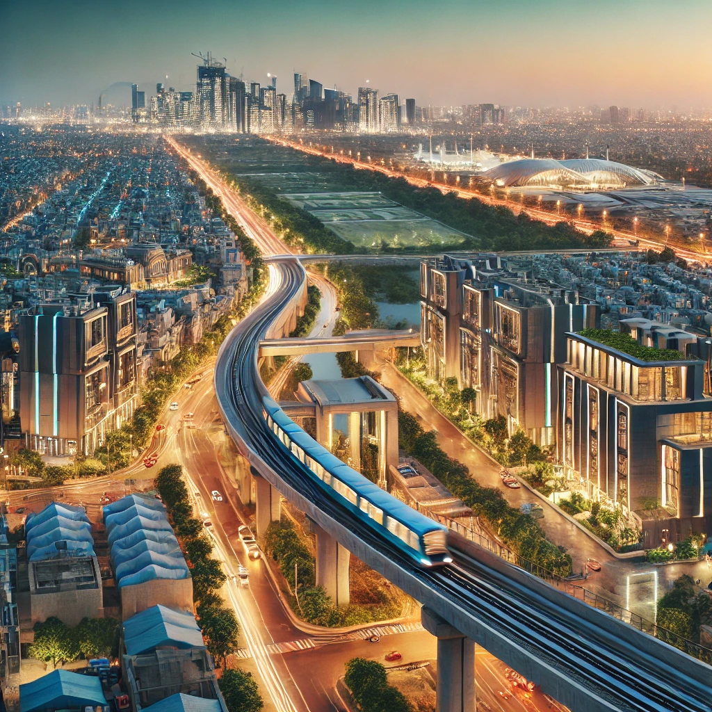 DALL·E 2025-03-25 21.09.35 - A futuristic cityscape of Jaipur, India, highlighting modern infrastructure developments. The image features a sleek metro system, wide highways, flyo