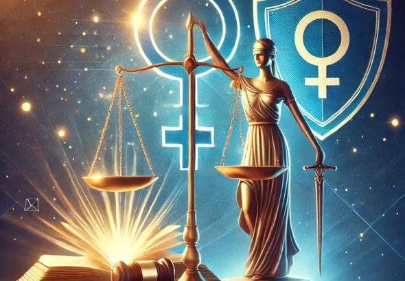 DALL·E 2025-03-27 19.47.06 - A symbolic illustration representing women's rights and legal protection. The image features a balanced scale of justice, with one side holding a book