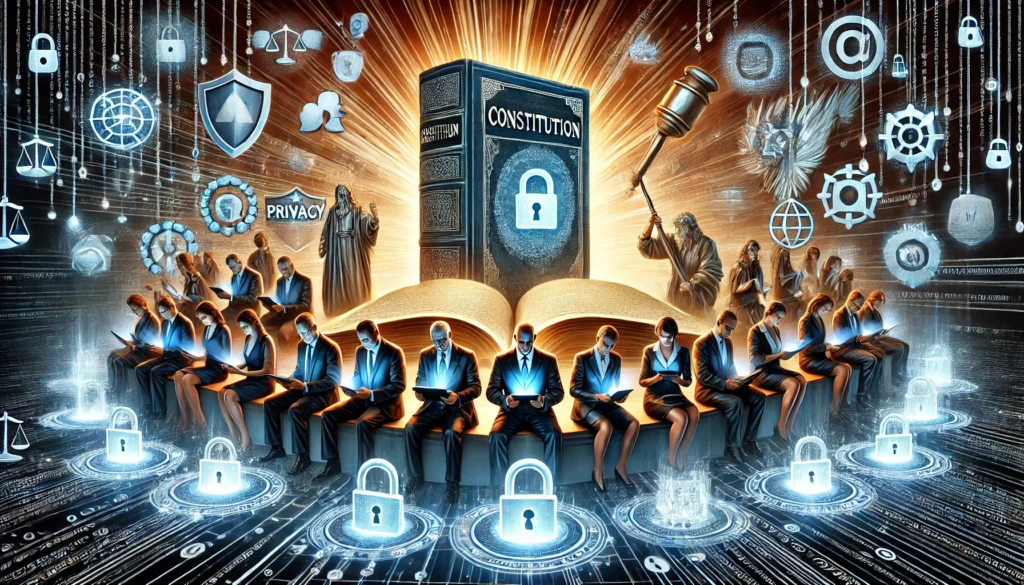 DALL·E 2025-05-13 21.58.29 - A symbolic digital artwork representing the protection of human rights in the digital age, emphasizing constitutional values. In the foreground, a div